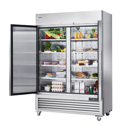 VEVOR Commercial Refrigerator 44.21 Cu.ft, Reach In 54.4" W Upright Refrigerator 2 Doors, Auto-Defrost Stainless Steel Reach-in Refrigerator with 8 Shelves, 33 to 41℉ Temp Control, LED Light, 4 Wheels