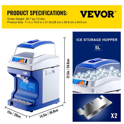 VEVOR 110V Commercial Ice Shaver Crusher 441LBS/H with 11LBS Hopper, 300W Tabletop Electric Snow Cone Maker 320 RPM Rotate Speed Perfect For Parties Events Snack Bar