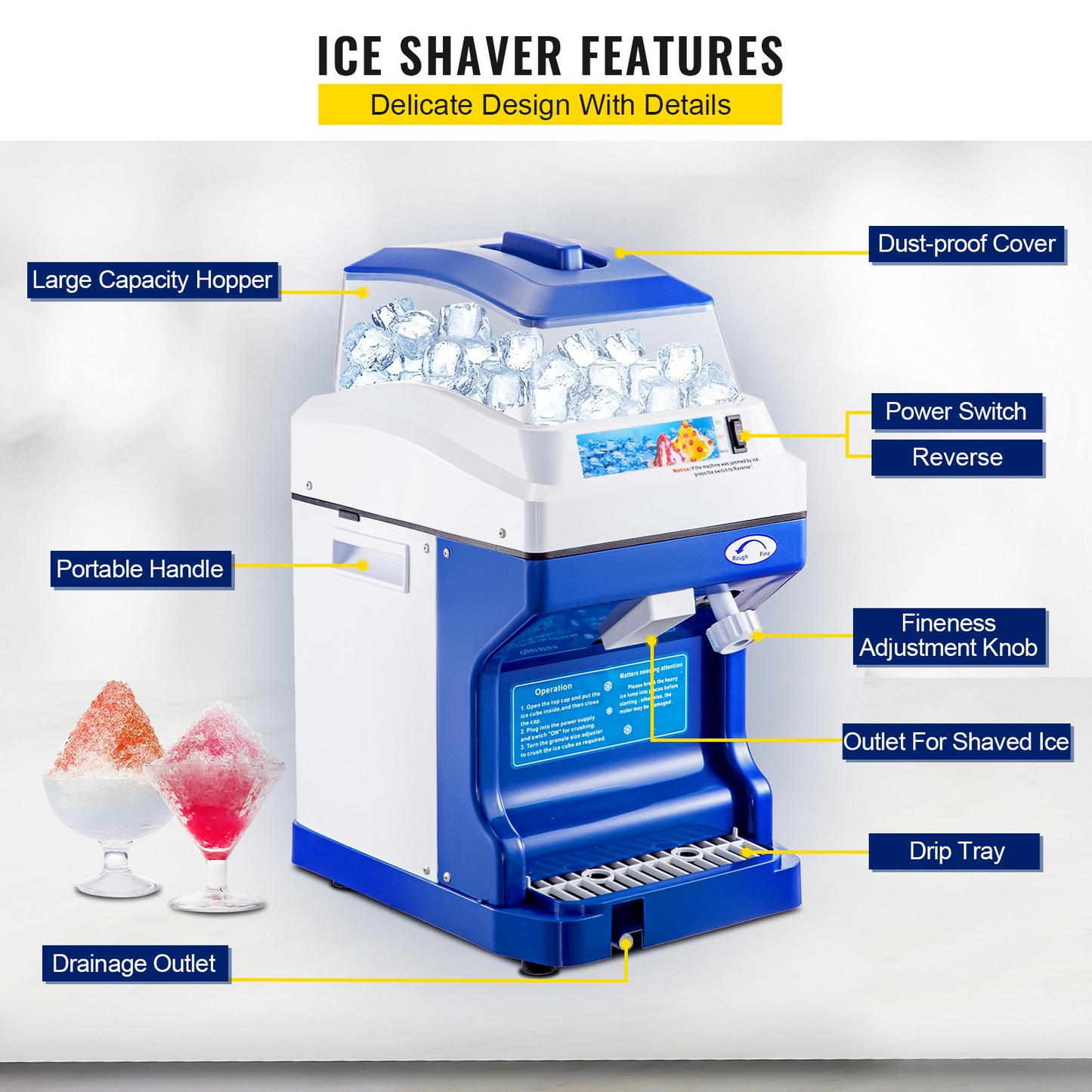 VEVOR 110V Commercial Ice Shaver Crusher 441LBS/H with 11LBS Hopper, 300W Tabletop Electric Snow Cone Maker 320 RPM Rotate Speed Perfect For Parties Events Snack Bar