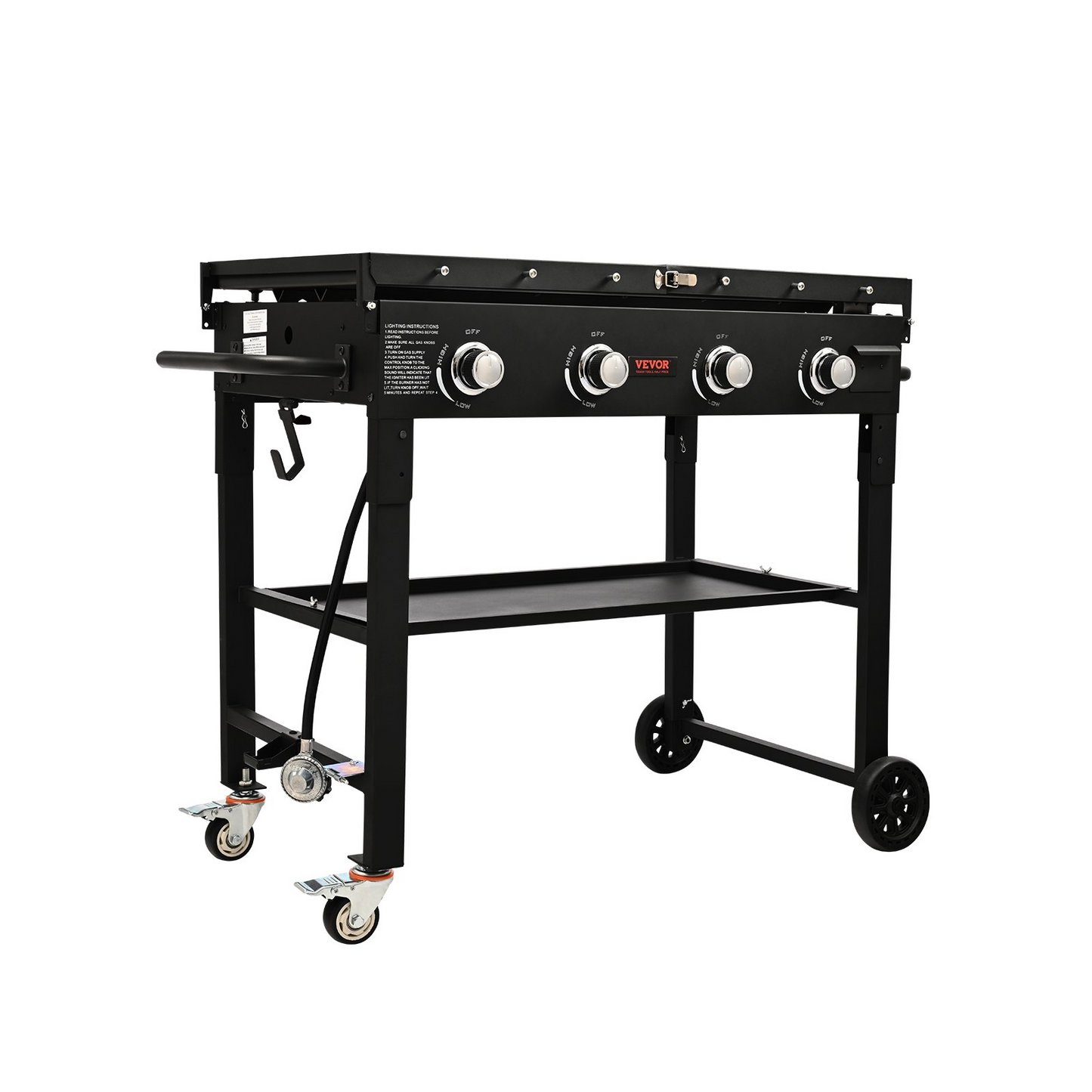 VEVOR Commercial Griddle on Cart, 36" Heavy Duty Manual Flat Top Griddle, Outdoor Cooking Station with Side Shelves, Steel LPG Gas Griddle, 4-Burners Restaurant Portable Grill -  60,000 BTU