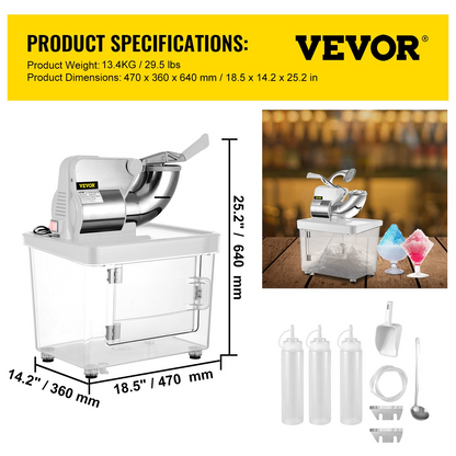 VEVOR 110V Commercial Ice Crusher 440LBS/H, ETL Approved 300W Electric Snow Cone Machine with Dual Blades, Stainless Steel Shaved Ice Machine with Safety On/Off Switch for Family, Restaurants, Bars