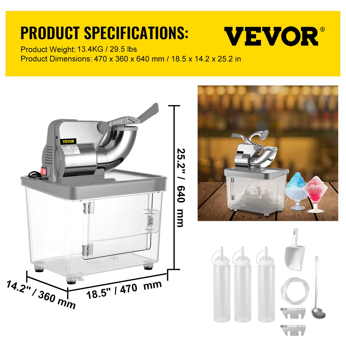 VEVOR 110V Commercial Ice Crusher 440LBS/H, ETL Approved 300W Electric Snow Cone Machine with Dual Blades, Stainless Steel Shaved Ice Machine with Safety On/Off Switch for Family, Restaurants, Bars