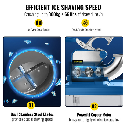 VEVOR 110V Commercial Ice Crusher 440LBS/H, ETL Approved 300W Electric Snow Cone Machine with Dual Blades, Stainless Steel Shaved Ice Machine with Safety On/Off Switch for Family, Restaurants, Bars