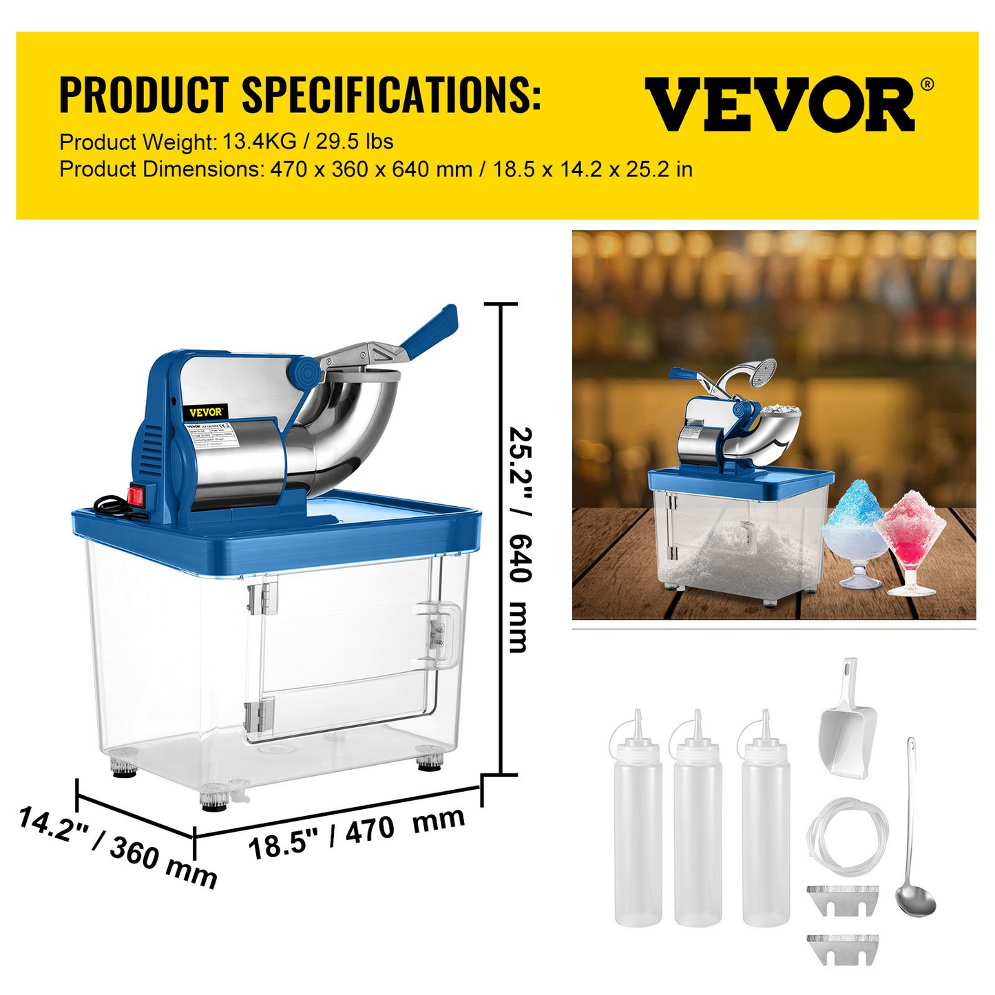 VEVOR 110V Commercial Ice Crusher 440LBS/H, ETL Approved 300W Electric Snow Cone Machine with Dual Blades, Stainless Steel Shaved Ice Machine with Safety On/Off Switch for Family, Restaurants, Bars