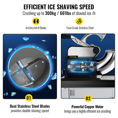 VEVOR 110V Commercial Ice Crusher 440LBS/H, ETL Approved 300W Electric Snow Cone Machine with Dual Blades, Stainless Steel Shaved Ice Machine with Safety On/Off Switch for Family, Restaurants, Bars