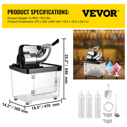 VEVOR 110V Commercial Ice Crusher 440LBS/H, ETL Approved 300W Electric Snow Cone Machine with Dual Blades, Stainless Steel Shaved Ice Machine with Safety On/Off Switch for Family, Restaurants, Bars