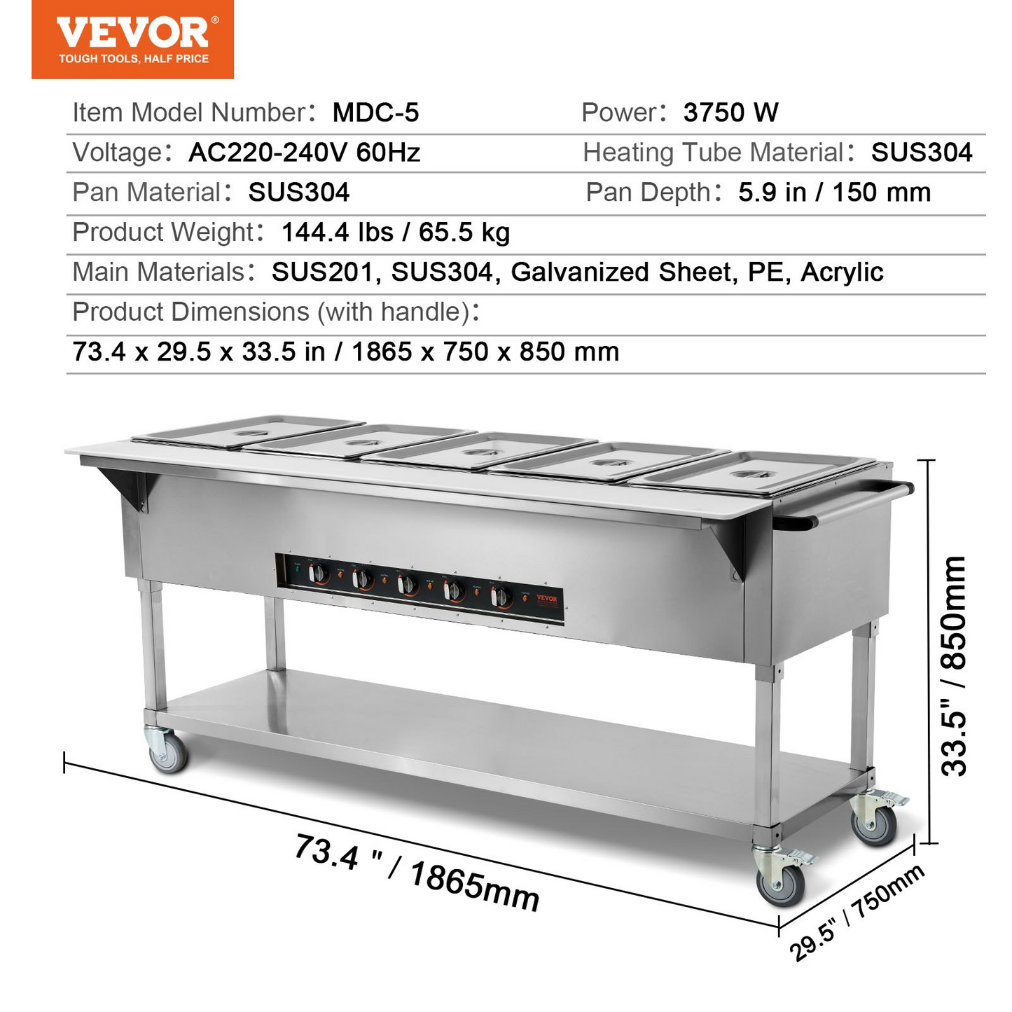 VEVOR 5-Pan Commercial Food Warmer, 5 x 20.6QT Electric Steam Table, 3750W Professional Buffet Catering Food Warmer with 4 Wheels (2 Lockable), Food Grade Stainless Steel Server for Party Restaurant