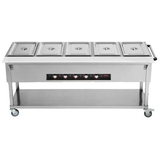 VEVOR 5-Pan Commercial Food Warmer, 5 x 20.6QT Electric Steam Table, 3750W Professional Buffet Catering Food Warmer with 4 Wheels (2 Lockable), Food Grade Stainless Steel Server for Party Restaurant