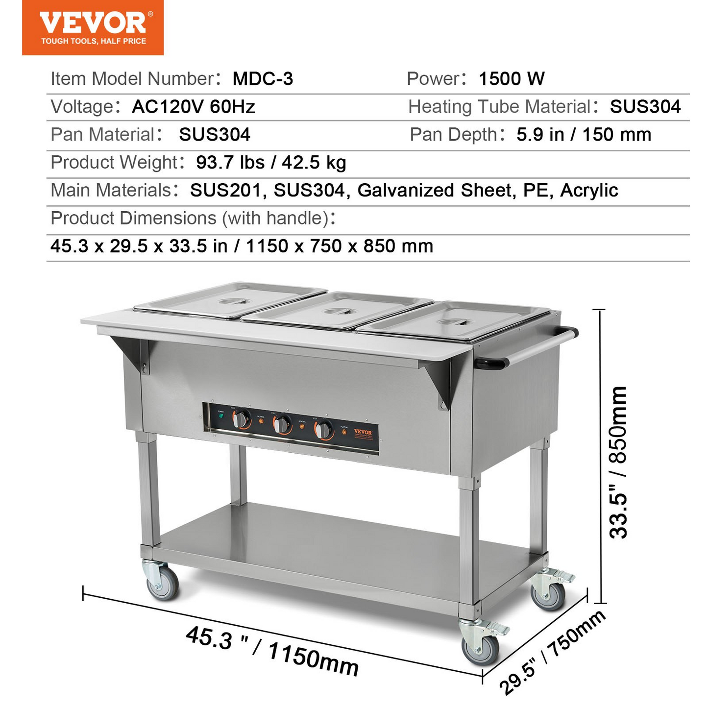 VEVOR 3-Pan Commercial Food Warmer, 3 x 20.6QT Electric Steam Table, 1500W Professional Buffet Catering Food Warmer with 4 Wheels (2 Lockable), Food Grade Stainless Steel Server for Party Restaurant