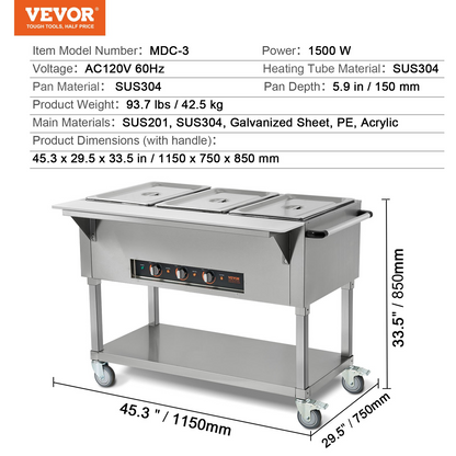 VEVOR 3-Pan Commercial Food Warmer, 3 x 20.6QT Electric Steam Table, 1500W Professional Buffet Catering Food Warmer with 4 Wheels (2 Lockable), Food Grade Stainless Steel Server for Party Restaurant