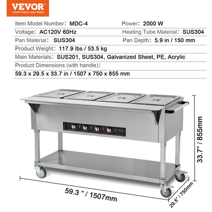 VEVOR 4-Pan Commercial Food Warmer, 4 x 20.6QT Electric Steam Table, 2000W Professional Buffet Catering Food Warmer with 4 Wheels (2 Lockable), Food Grade Stainless Steel Server for Party Restaurant