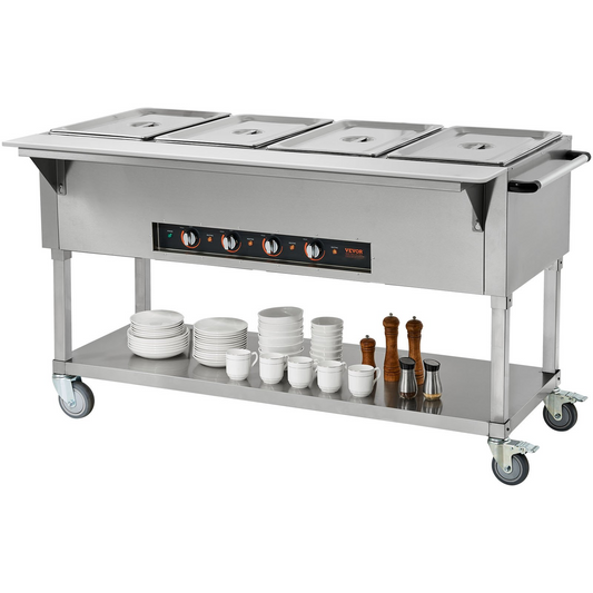 VEVOR 4-Pan Commercial Food Warmer, 4 x 20.6QT Electric Steam Table, 2000W Professional Buffet Catering Food Warmer with 4 Wheels (2 Lockable), Food Grade Stainless Steel Server for Party Restaurant