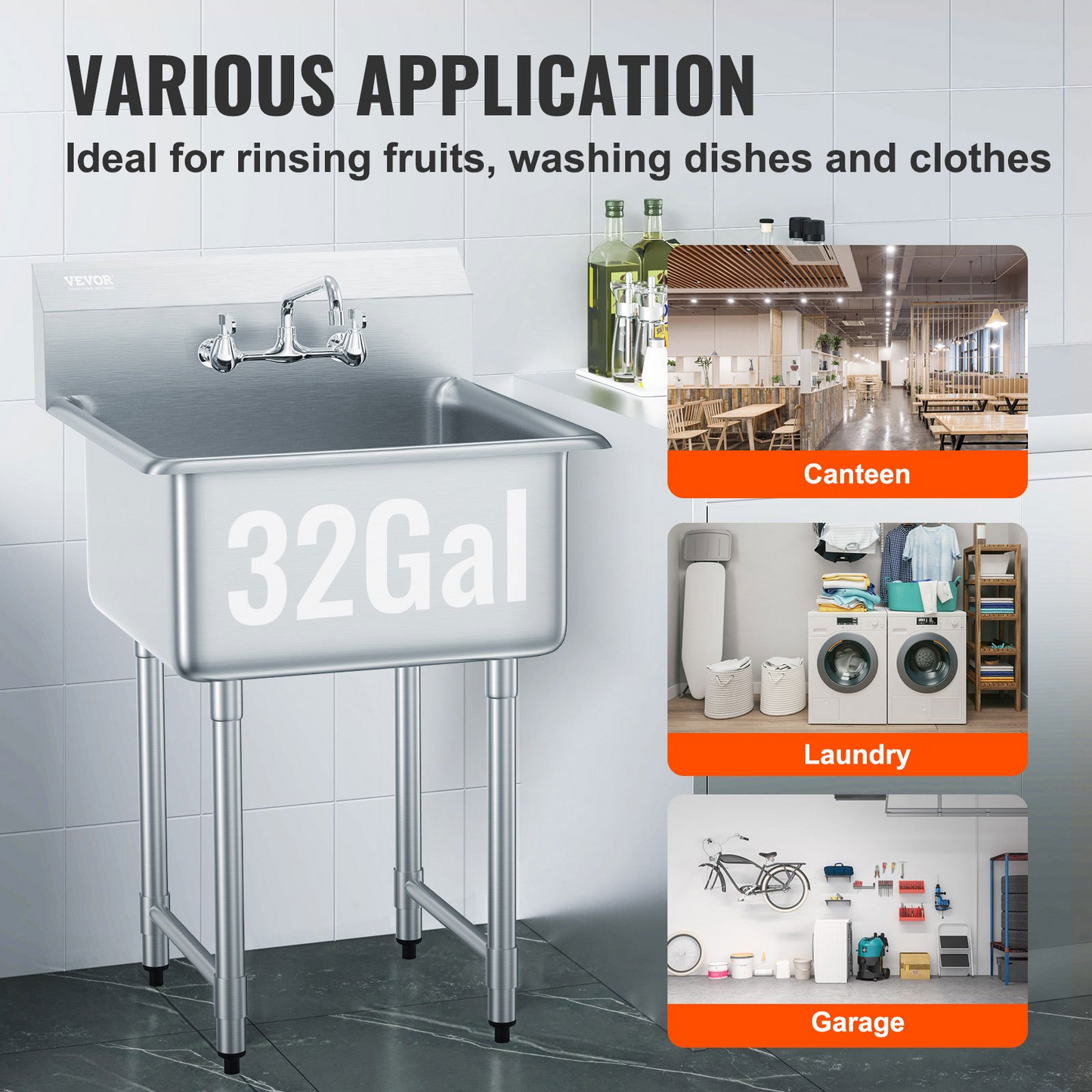 VEVOR Stainless Steel Prep & Utility Sink, 1 Compartment Free Standing Small Sink Include Faucet & legs, 27"x41" Commercial Single Bowl Sinks for Garage, Restaurant, Kitchen, Laundry, NSF Certified