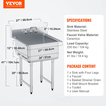 VEVOR Stainless Steel Prep & Utility Sink, 1 Compartment Free Standing Small Sink Include Faucet & legs, 27"x41" Commercial Single Bowl Sinks for Garage, Restaurant, Kitchen, Laundry, NSF Certified