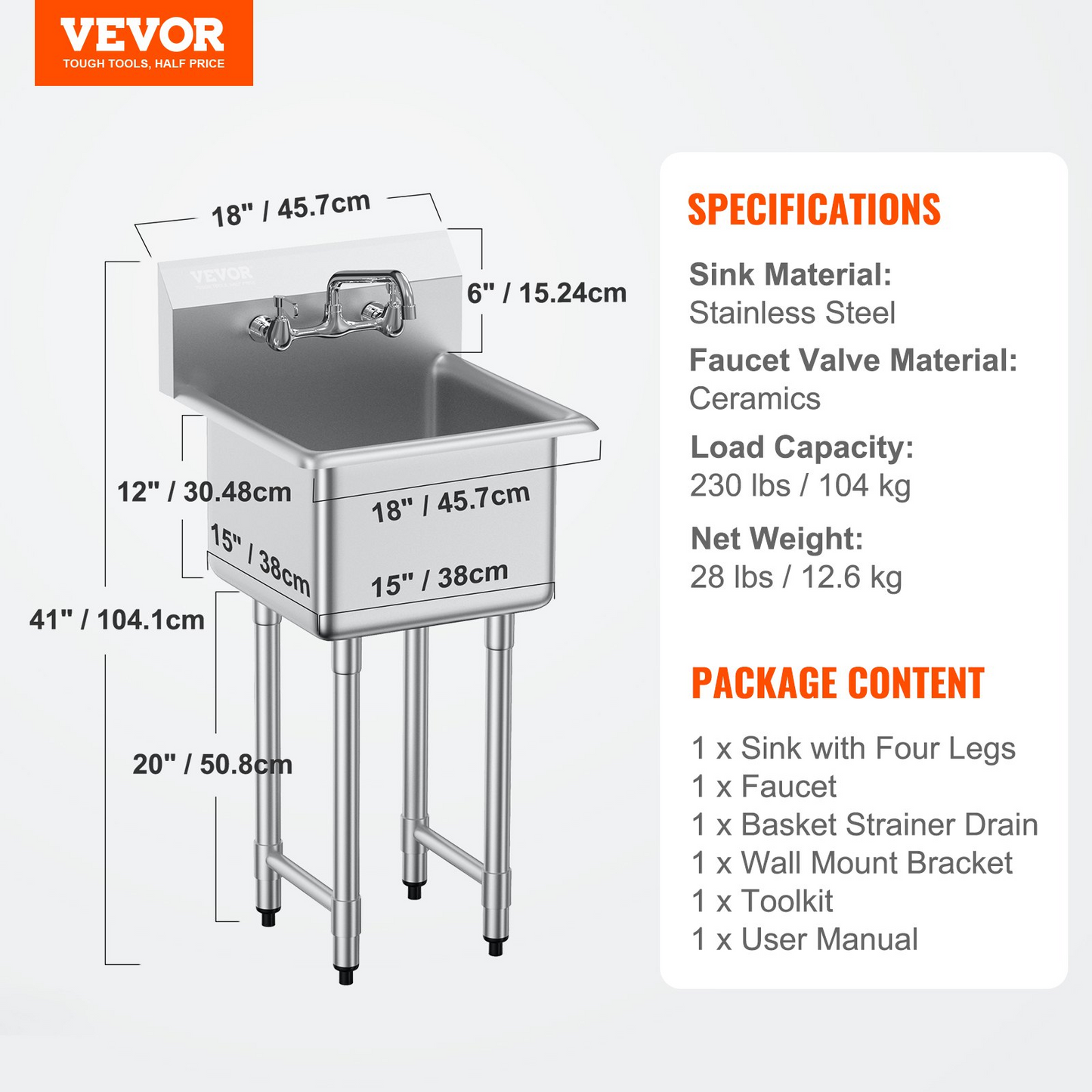 VEVOR Stainless Steel Prep & Utility Sink, 1 Compartment Free Standing Small Sink Include Faucet & legs, 18"x41" Commercial Single Bowl Sinks for Garage, Restaurant, Kitchen, Laundry, NSF Certified