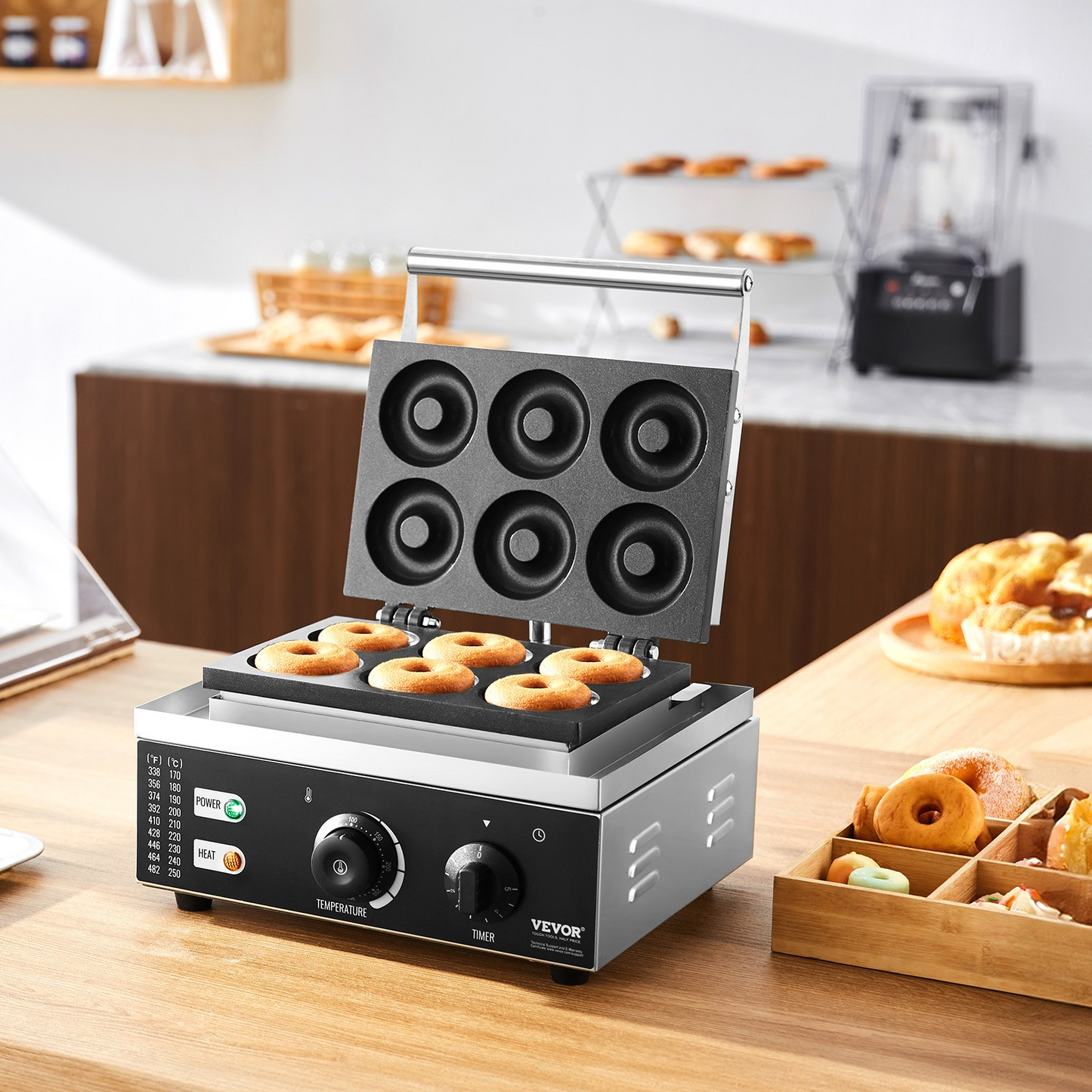 VEVOR Electric Donut Maker, 1550W Commercial Doughnut Machine with Non-stick Surface, 6 Holes Double-Sided Heating Waffle Machine Makes 6 Doughnuts, Temperature 122-572℉, for Restaurant and Home Use