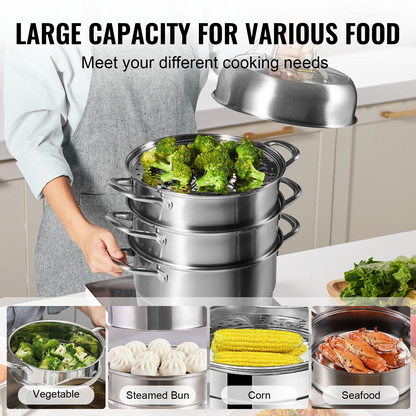 VEVOR 5-Tier Stainless Steel Steamer, 11'' Multi-Layer Cookware Pot with Handles on Both Sides, Work with Gas, Electric, Grill Stove Top, Dia-28cm, Sliver