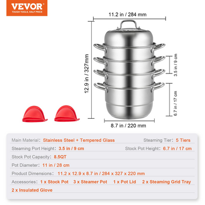 VEVOR 5-Tier Stainless Steel Steamer, 11'' Multi-Layer Cookware Pot with Handles on Both Sides, Work with Gas, Electric, Grill Stove Top, Dia-28cm, Sliver