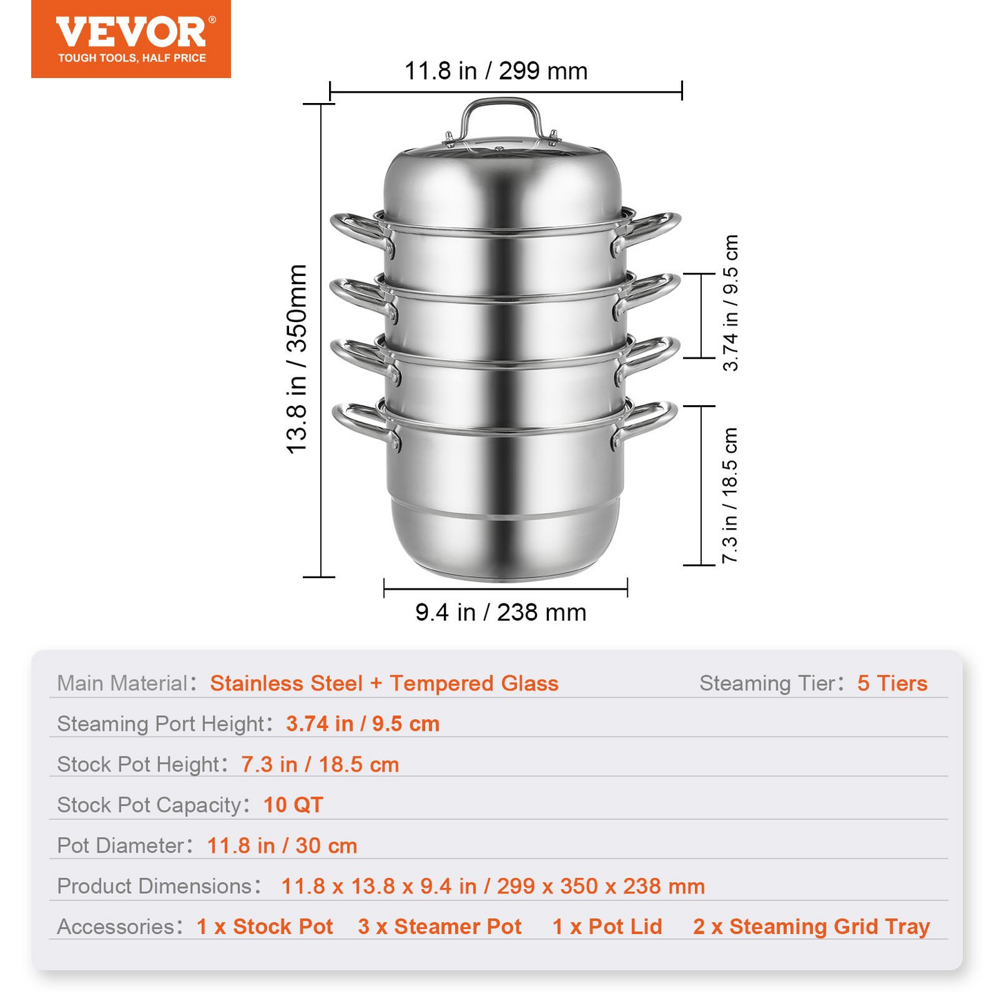 VEVOR Dumpling Steamer Stainless Steel 5 Titer for for Cook Soup, Noodles, Fishes Work with Gas Electric Grill Stove Top, Dia 30cm/11.8inch, Pot