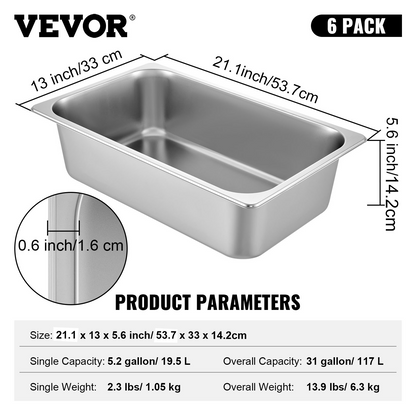 VEVOR 6 Pack Steam Table Pans 20.9 x 12.8 x 5.9 Inch Deep Steam Table Pan Full Size 20.5L Deep Food Container Stainless Steel Oven Tray Hotel Pans Anti-Jam Steam Table Food Pan