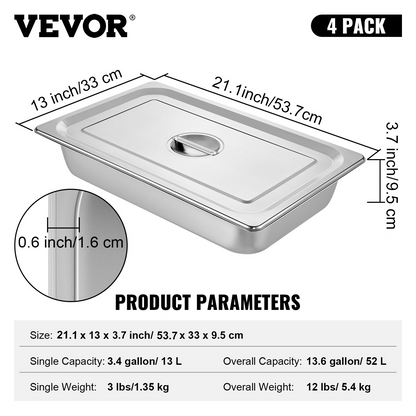 VEVOR 4 Pack Steam Table Pans 20.9 x 12.8 x 3.9 Inch Deep Steam Table Pan Full Size 13L Deep Food Container Stainless Steel Oven Tray Hotel Pans Anti-Jam Steam Table Food Pan