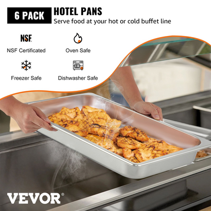 VEVOR 6 Pack Steam Table Pans 20.9 x 12.8 x 2.6 Inch Deep Steam Table Pan Full Size 8.5L Deep Food Container Stainless Steel Oven Tray Hotel Pans Anti-Jam Steam Table Food Pan