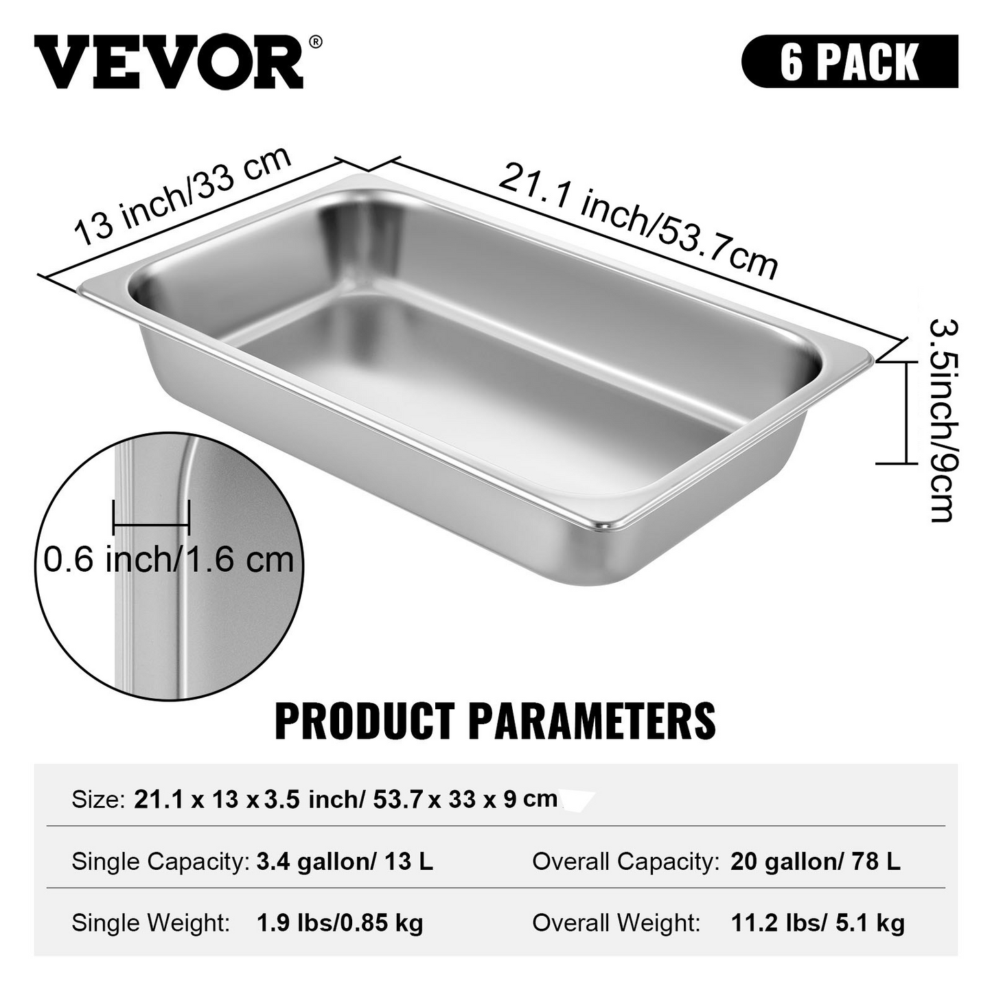 VEVOR 6 Pack Steam Table Pans 20.9 x 12.8 x 3.9 Inch Deep Steam Table Pan Full Size 13L Deep Food Container Stainless Steel Oven Tray Hotel Pans Anti-Jam Steam Table Food Pan