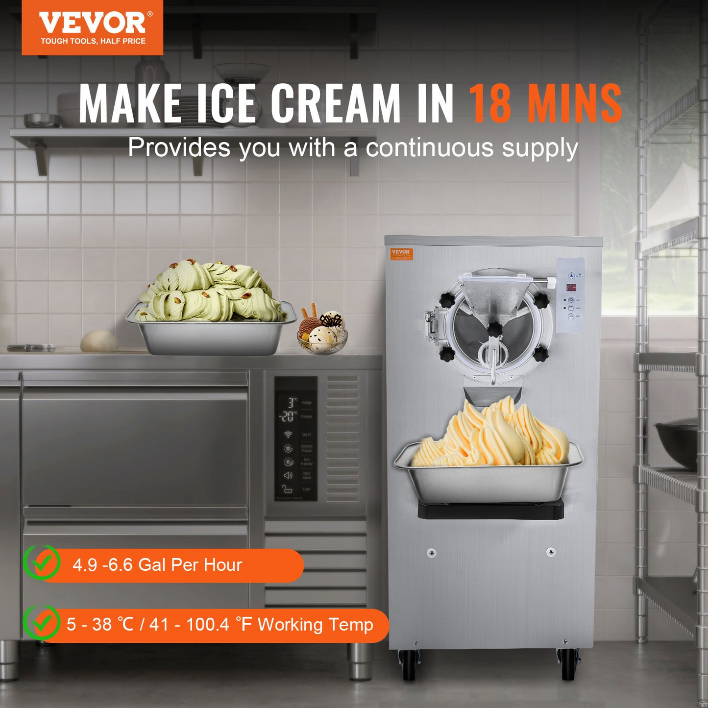 VEVOR Commercial Ice Cream Machine, 20-25L/H Yield, 2400W 1-Flavor Hard Serve Ice Cream Maker,  8L Stainless Steel Cylinder, Digital Display Auto Clean Adjustable Hardness, for Restaurant Snack Bars