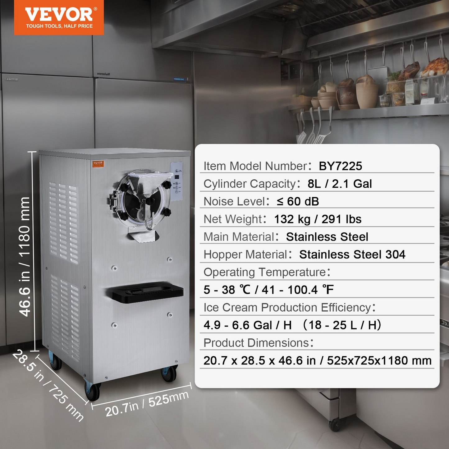 VEVOR Commercial Ice Cream Machine, 20-25L/H Yield, 2400W 1-Flavor Hard Serve Ice Cream Maker,  8L Stainless Steel Cylinder, Digital Display Auto Clean Adjustable Hardness, for Restaurant Snack Bars