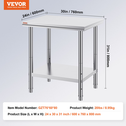 VEVOR Commercial Worktable & Workstation 24 x 30 x 32 Inch Stainless Steel Work Table Heavy Duty Commercial Food Prep Work Table for Home, Kitchen, Restaurant Metal Prep Table with Adjustable Feet