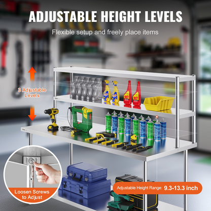 VEVOR Double Overshelf, Double Tier Stainless Steel Overshelf, 12 x 72 Inch Double Deck Overshelf, Height Adjustable Overshelf Prep Work Table for Kitchen, Restaurant and Workshop