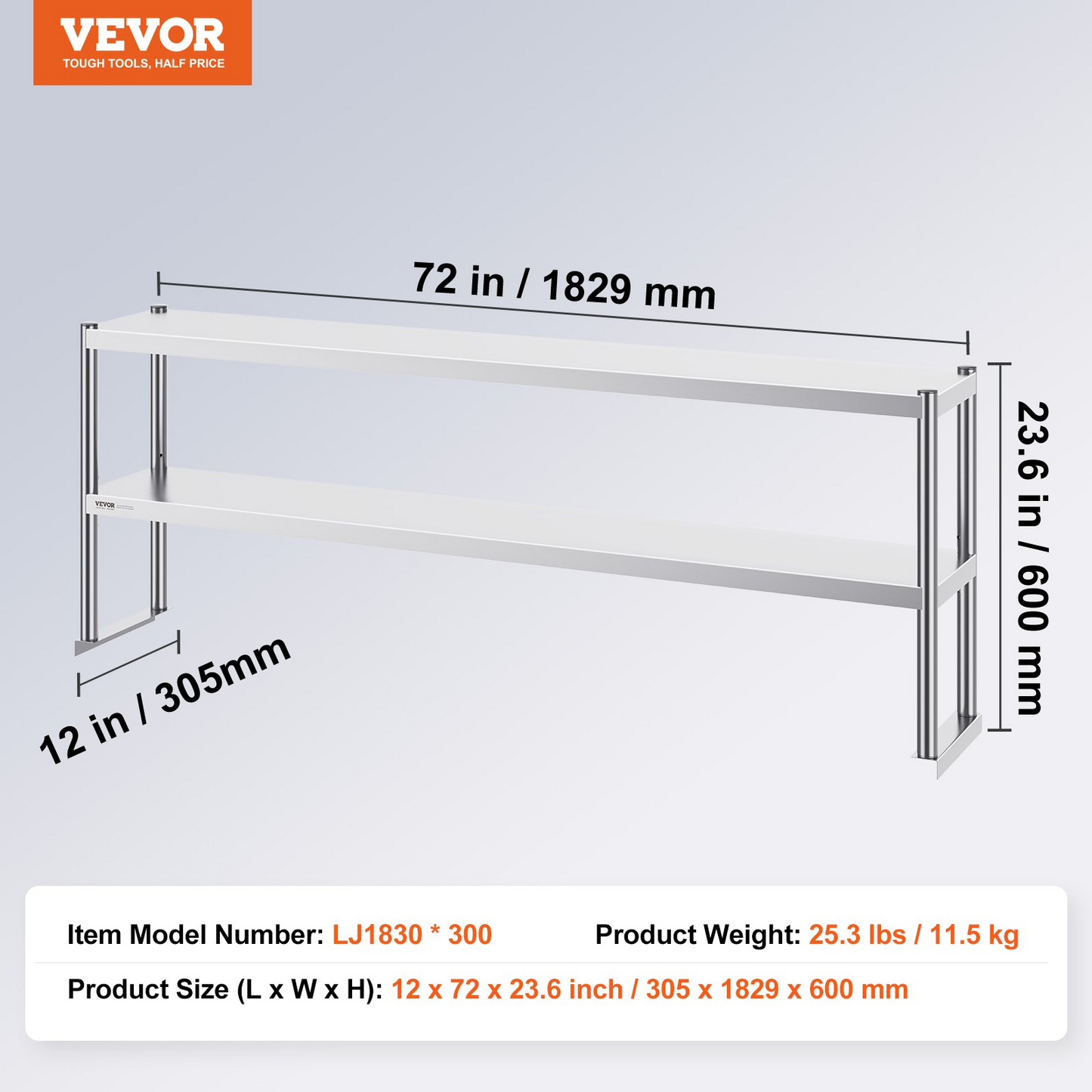 VEVOR Double Overshelf, Double Tier Stainless Steel Overshelf, 12 x 72 Inch Double Deck Overshelf, Height Adjustable Overshelf Prep Work Table for Kitchen, Restaurant and Workshop