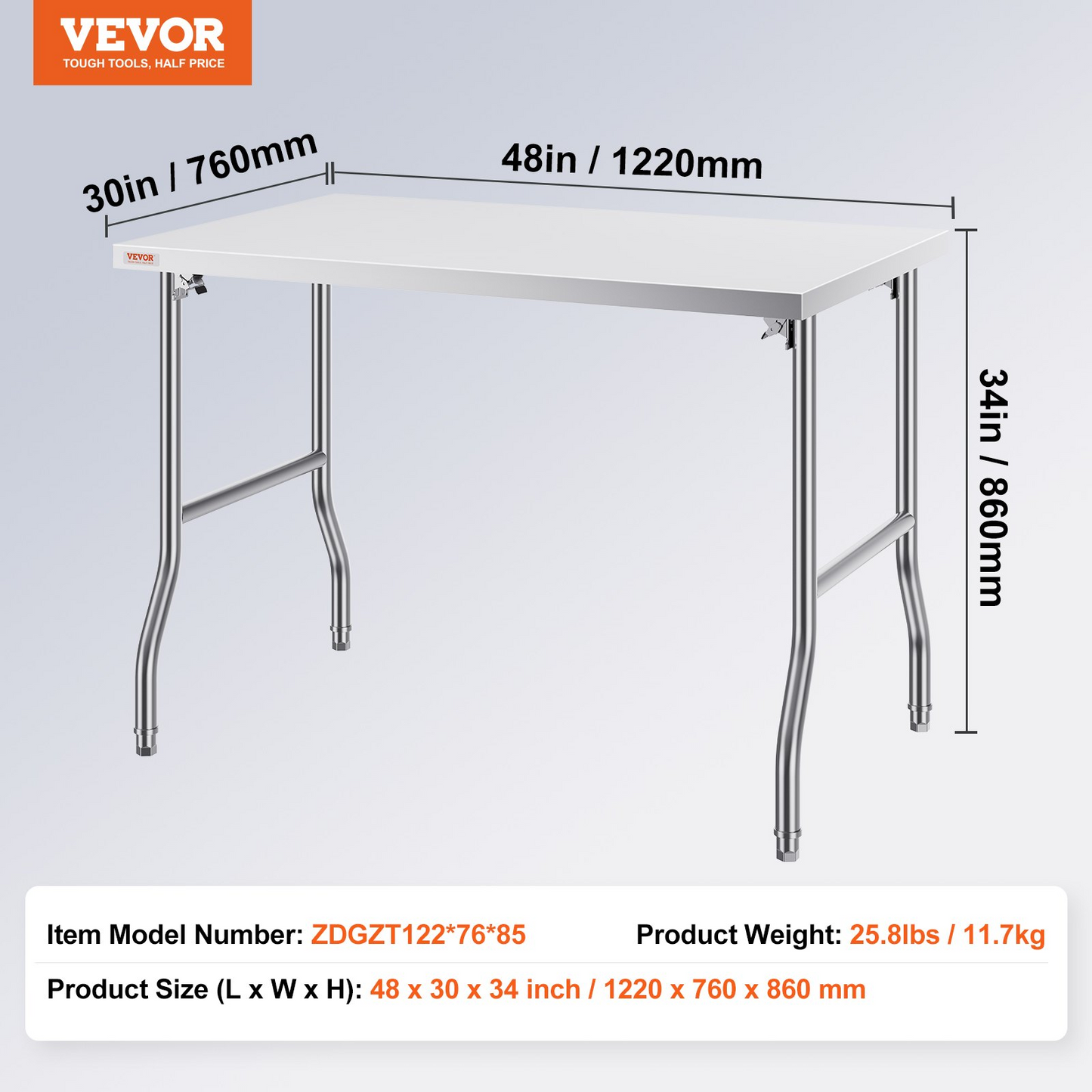 VEVOR 48 x 30 Inch Folding Commercial Prep Table Commercial Worktable Workstation, Heavy-Duty Stainless Steel Folding Table with 220 lbs Load, Silver Stainless Steel Kitchen Island，Kitchen Work Table