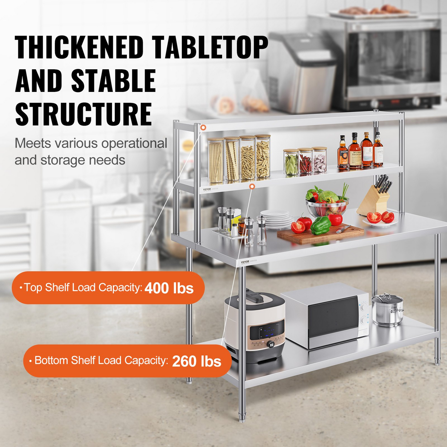 VEVOR Double Overshelf, Double Tier Stainless Steel Overshelf, 12 x 60 Inch Double Deck Overshelf, Height Adjustable Overshelf Prep Work Table for Kitchen, Restaurant and Workshop