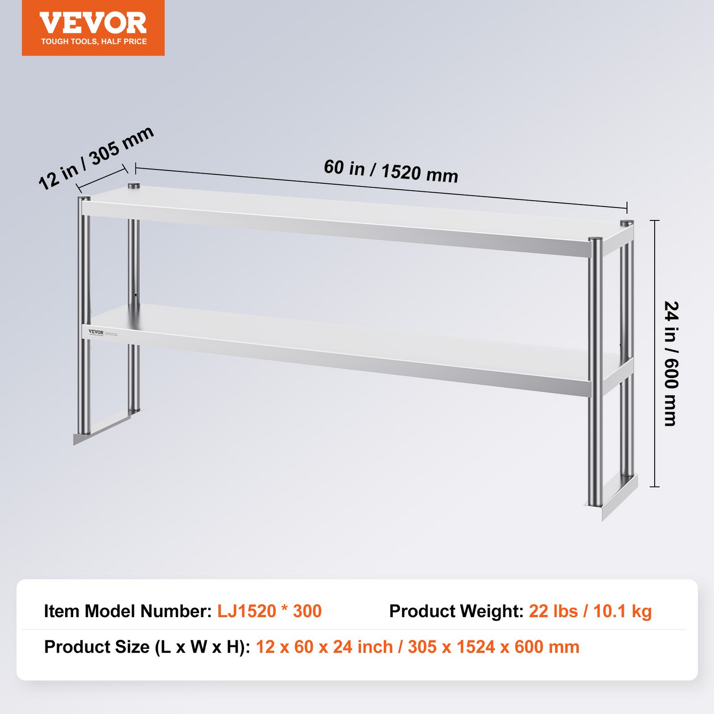 VEVOR Double Overshelf, Double Tier Stainless Steel Overshelf, 12 x 60 Inch Double Deck Overshelf, Height Adjustable Overshelf Prep Work Table for Kitchen, Restaurant and Workshop