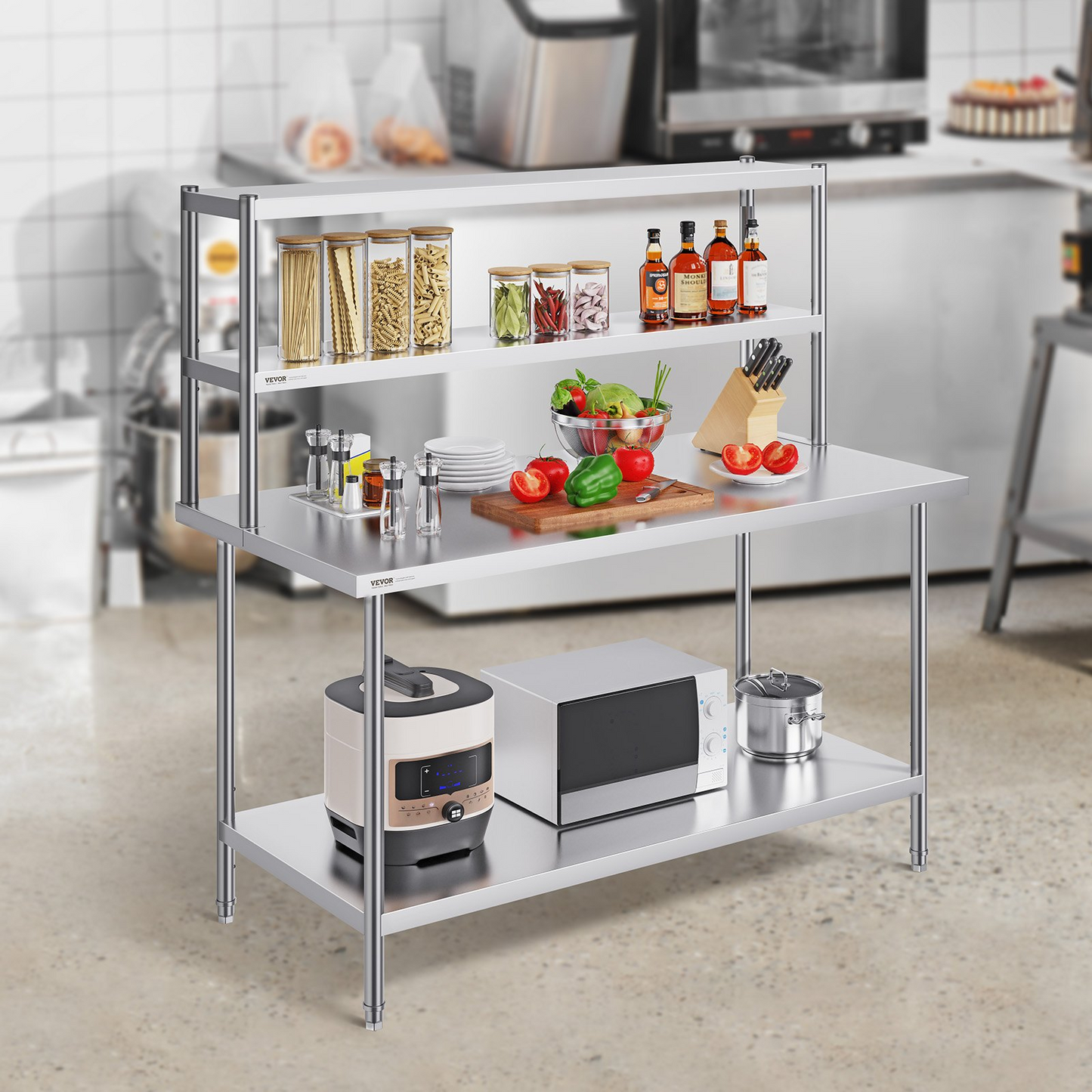 VEVOR Double Overshelf, Double Tier Stainless Steel Overshelf, 12 x 60 Inch Double Deck Overshelf, Height Adjustable Overshelf Prep Work Table for Kitchen, Restaurant and Workshop