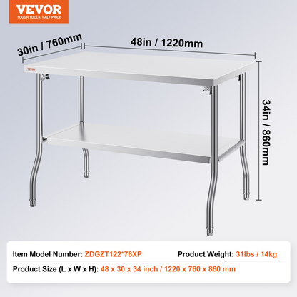 VEVOR Commercial Worktable Workstation 48x30 Inch Folding Commercial Prep Table, Double-Shelf Stainless Steel Folding Table, Kitchen Work Table with 772 lbs Load Silver Stainless Steel Kitchen Island