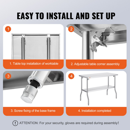 VEVOR Commercial Worktable Workstation 48 x 24 Inch Folding Commercial Prep Table, Heavy-duty Stainless Steel Folding Table with 300 lbs Load, Kitchen Work Table, Silver Stainless Steel Kitchen Island