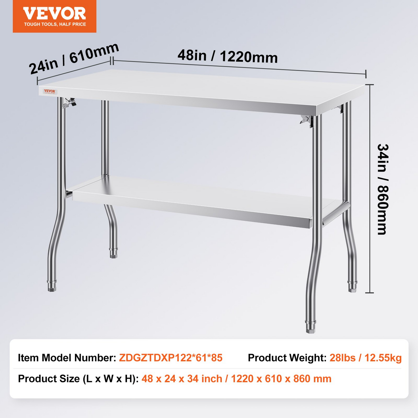 VEVOR Commercial Worktable Workstation 48 x 24 Inch Folding Commercial Prep Table, Heavy-duty Stainless Steel Folding Table with 300 lbs Load, Kitchen Work Table, Silver Stainless Steel Kitchen Island