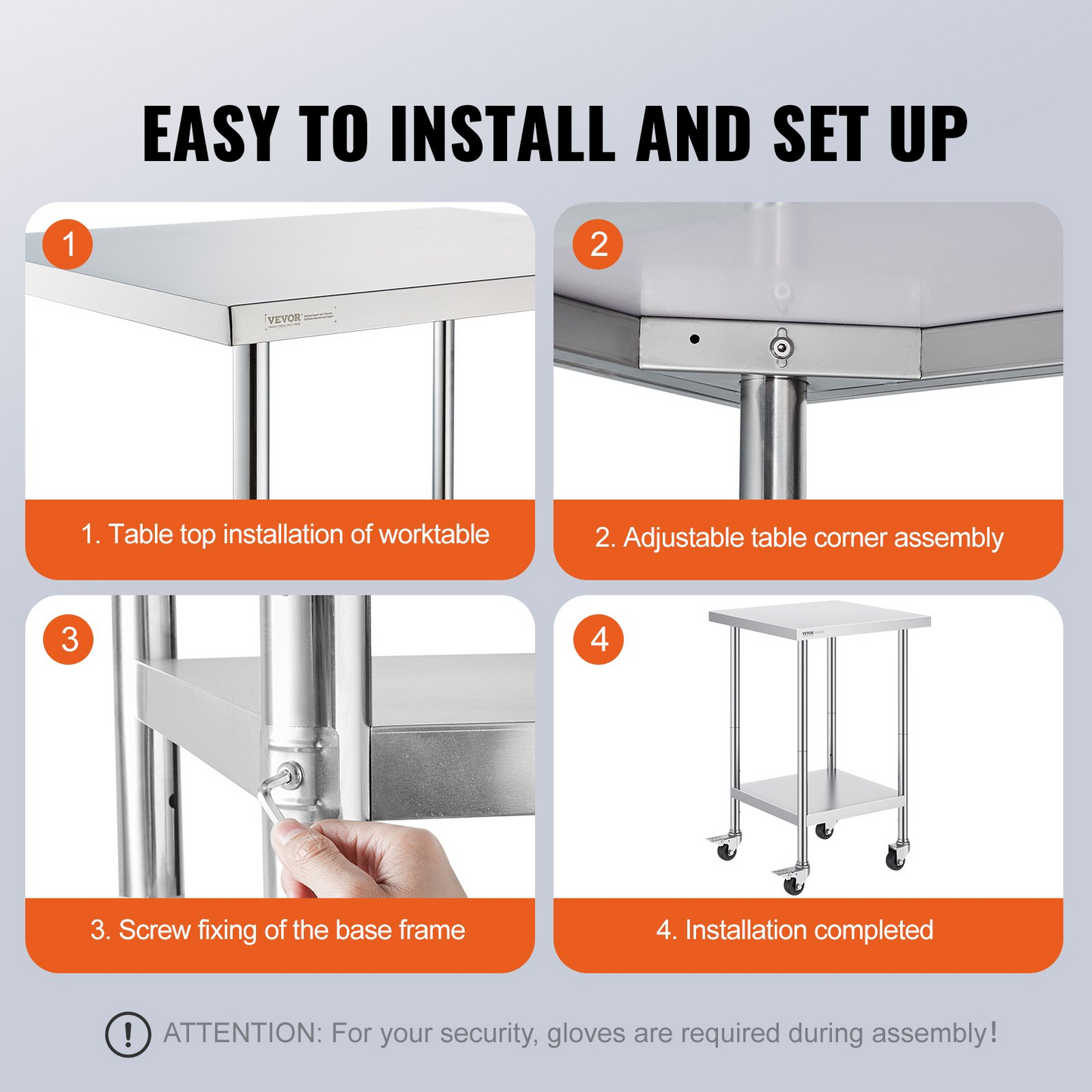 VEVOR Stainless Steel Work Table 24 x 24 x 38 Inch, with 4 Wheels, 3 Adjustable Height Levels, Heavy Duty Food Prep Worktable for Commercial Kitchen Restaurant, Silver