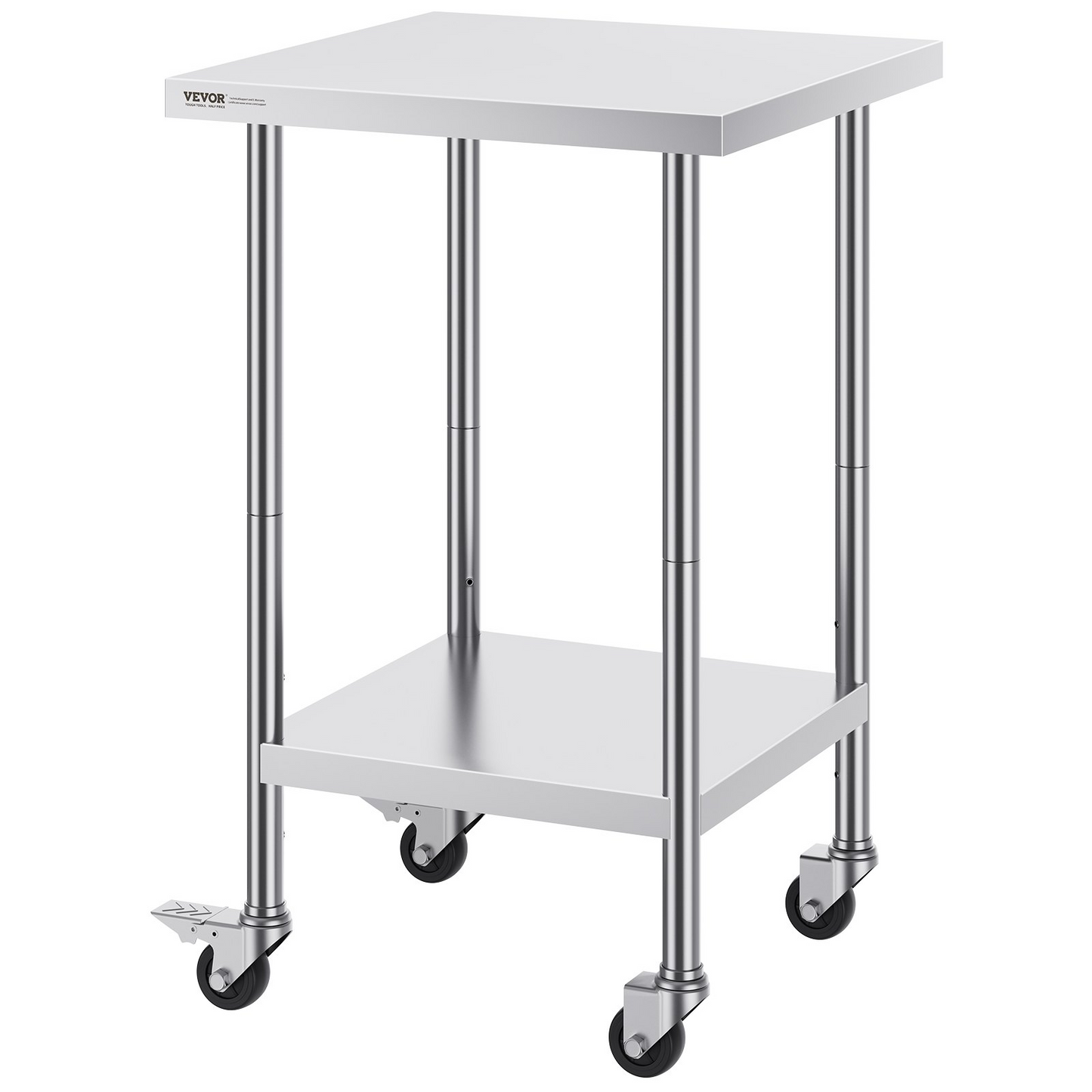 VEVOR Stainless Steel Work Table 24 x 24 x 38 Inch, with 4 Wheels, 3 Adjustable Height Levels, Heavy Duty Food Prep Worktable for Commercial Kitchen Restaurant, Silver