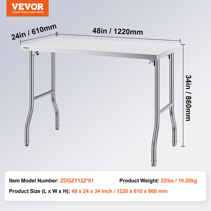 VEVOR Commercial Worktable Workstation 48 x 24 Inch Folding Commercial Prep Table, Heavy-duty Stainless Steel Folding Table with 661 lbs Load, Kitchen Work Table, Silver Stainless Steel Kitchen Island