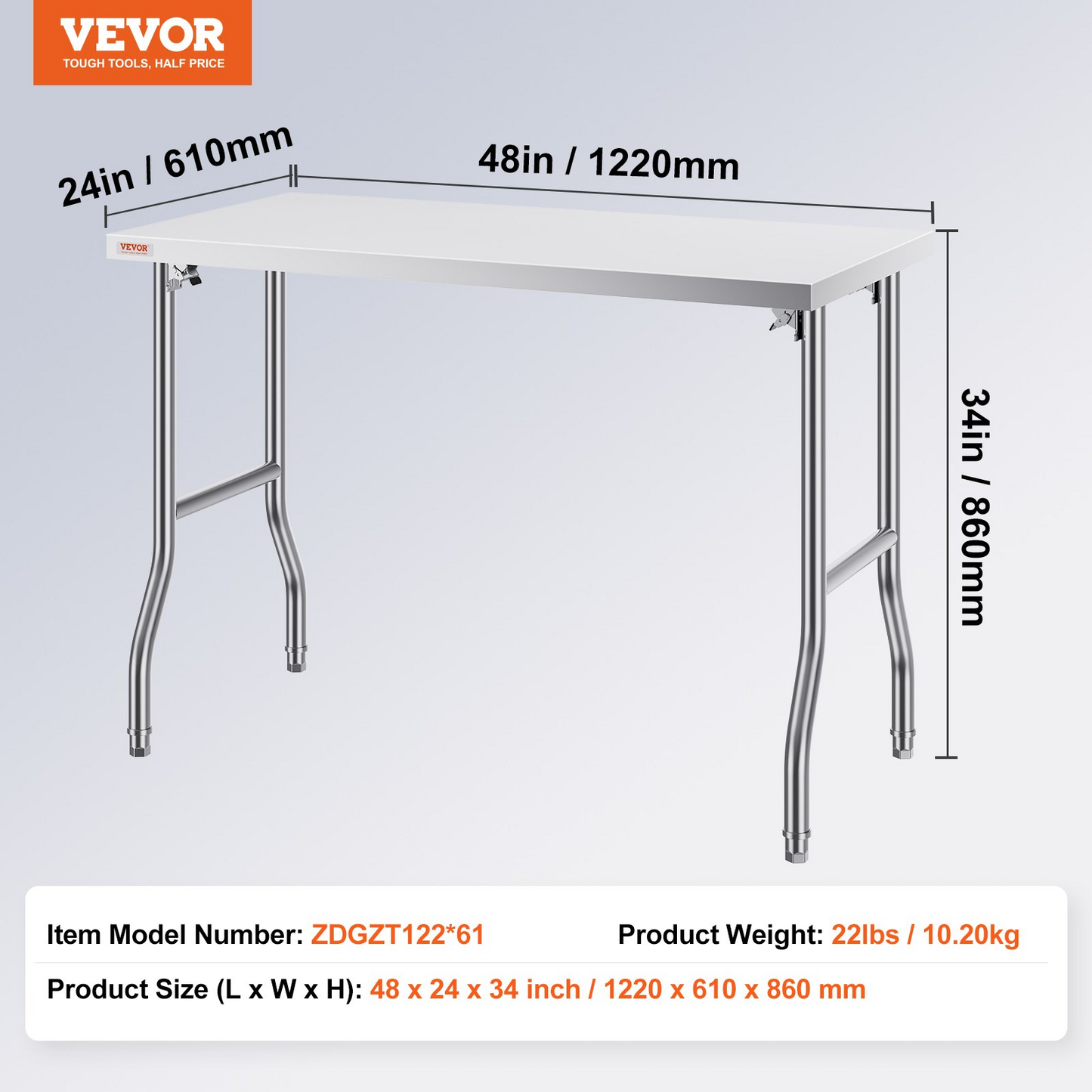 VEVOR Commercial Worktable Workstation 48 x 24 Inch Folding Commercial Prep Table, Heavy-duty Stainless Steel Folding Table with 661 lbs Load, Kitchen Work Table, Silver Stainless Steel Kitchen Island