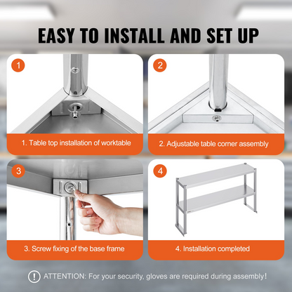 VEVOR Double Overshelf, Double Tier Stainless Steel Overshelf, 12 x 48 Inch Double Deck Overshelf, Height Adjustable Overshelf Prep Work Table for Kitchen, Restaurant and Workshop