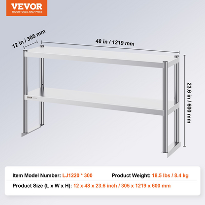 VEVOR Double Overshelf, Double Tier Stainless Steel Overshelf, 12 x 48 Inch Double Deck Overshelf, Height Adjustable Overshelf Prep Work Table for Kitchen, Restaurant and Workshop