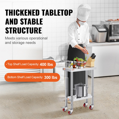 VEVOR Stainless Steel Work Table with Wheels 24 x 12 x 32 Inch Prep Table with 4 Casters Heavy Duty Work Table for Commercial Kitchen Restaurant Business