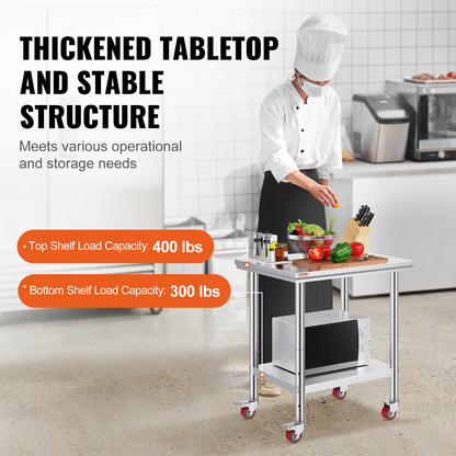 VEVOR Stainless Steel Work Table with Wheels 24 x 30 Prep Table with casters Heavy Duty Work Table for Commercial Kitchen Restaurant Business (24 x 30 x 33.8 Inch)