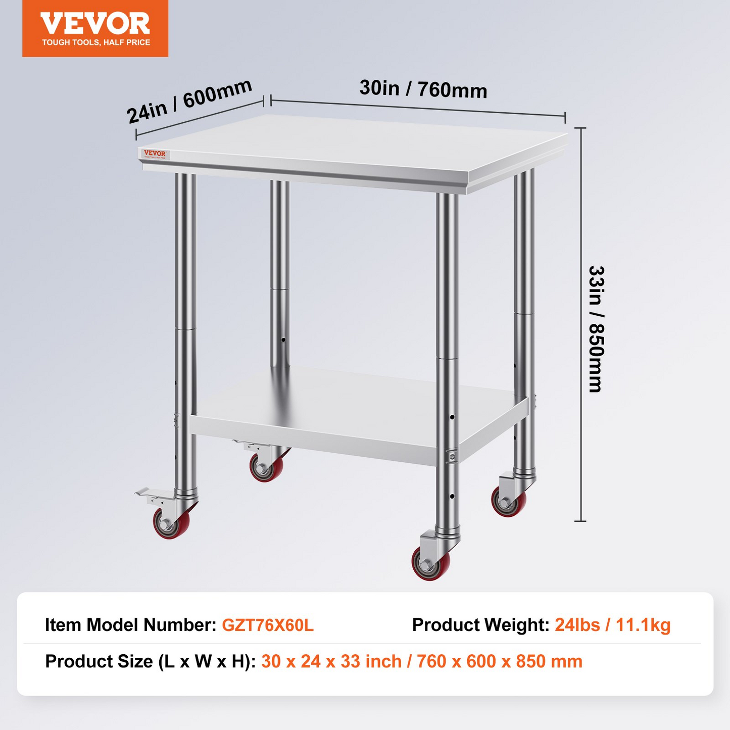 VEVOR Stainless Steel Work Table with Wheels 24 x 30 Prep Table with casters Heavy Duty Work Table for Commercial Kitchen Restaurant Business (24 x 30 x 33.8 Inch)