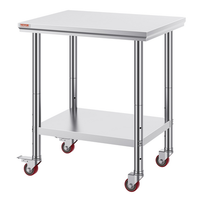 VEVOR Stainless Steel Work Table with Wheels 24 x 30 Prep Table with casters Heavy Duty Work Table for Commercial Kitchen Restaurant Business (24 x 30 x 33.8 Inch)