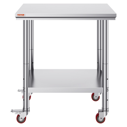 VEVOR Stainless Steel Work Table with Wheels 24 x 30 Prep Table with casters Heavy Duty Work Table for Commercial Kitchen Restaurant Business (24 x 30 x 33.8 Inch)